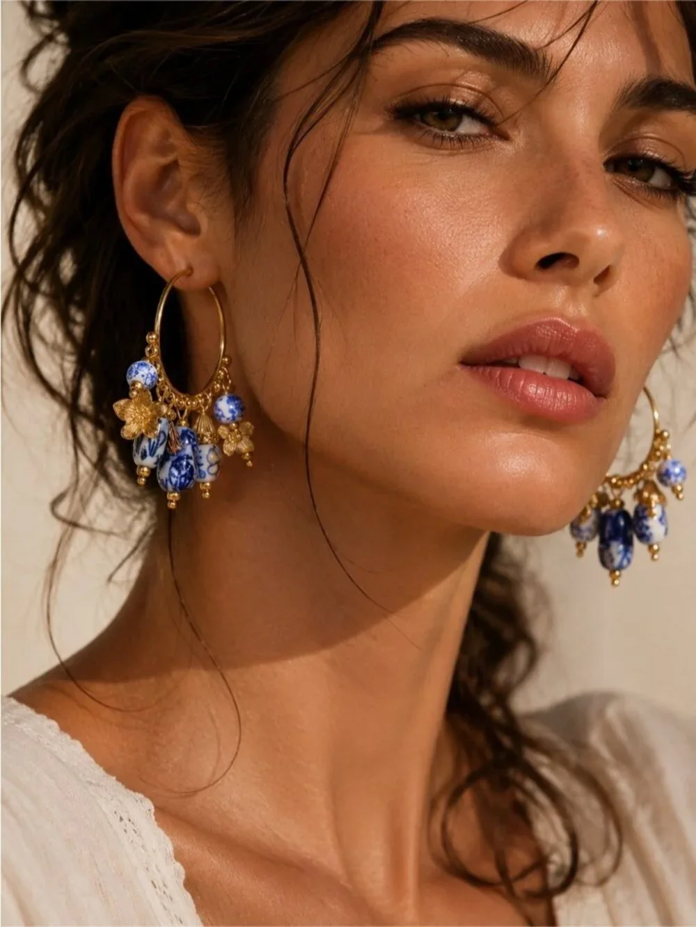 Gold Hoop Earrings with Blue and White Beads and Floral Charms